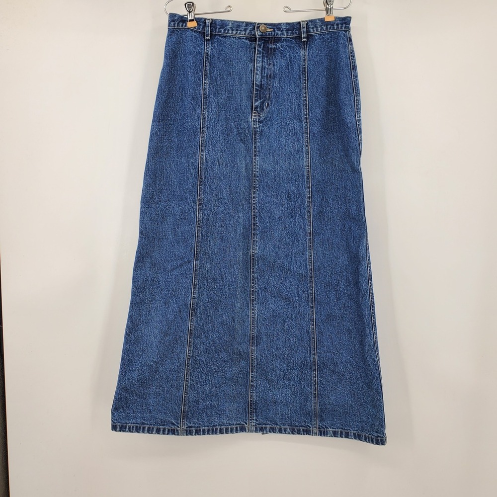 Vintage Eddie Bauer Y2K Denim Maxi Skirt 10 Cotton Slit Modest Western Prairie